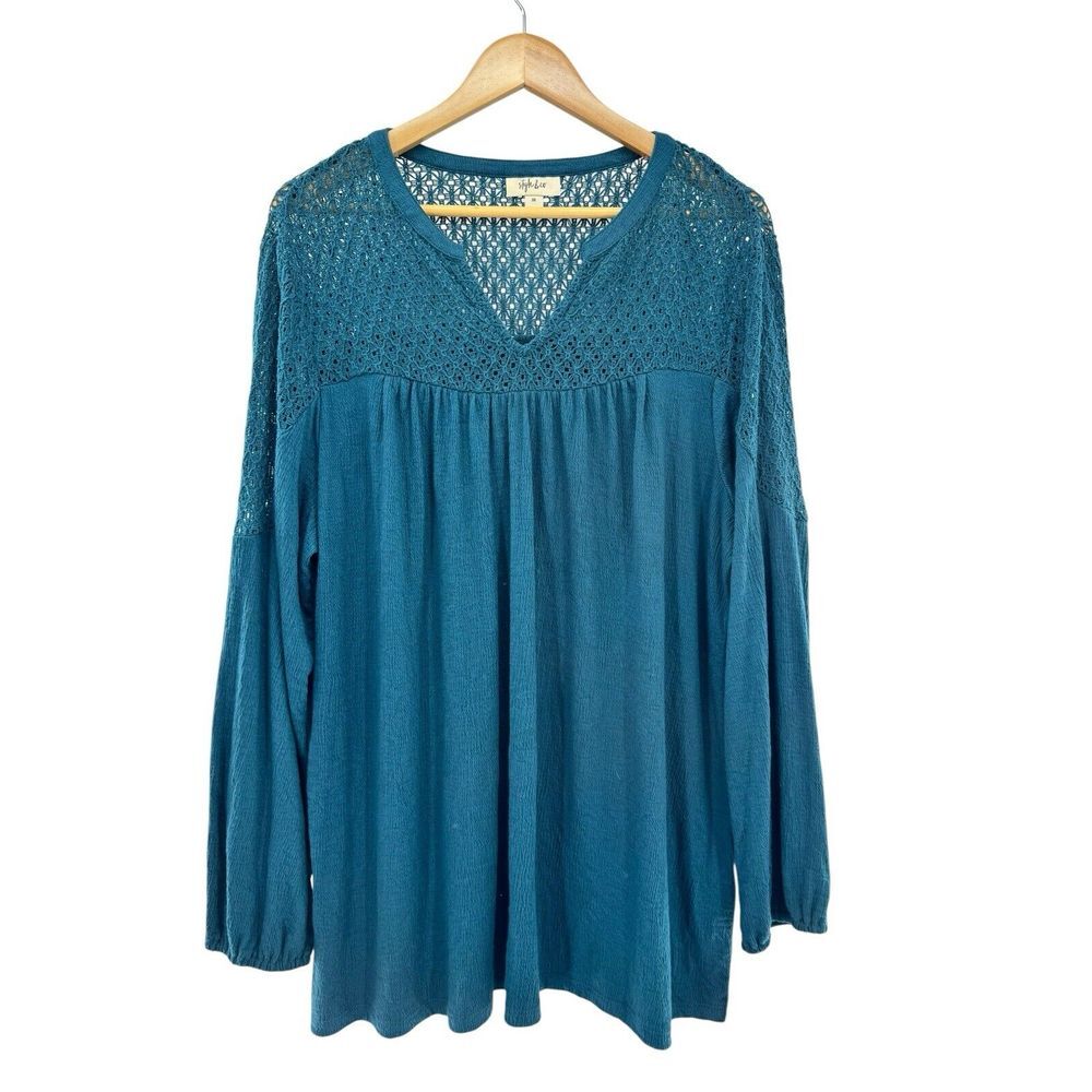 Style & Co Womens Plus 3X Kale‎ Lace Shoulder Texture Split Neck Blouse NWT Boho